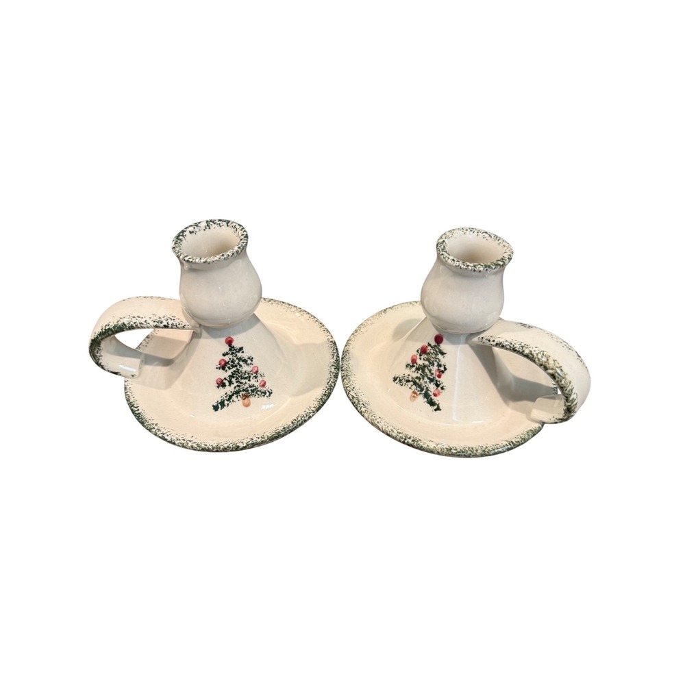 Ceramic Christmas‎ Tree Chamberstick Candle Holder Set of 2 Cream Green Sponged